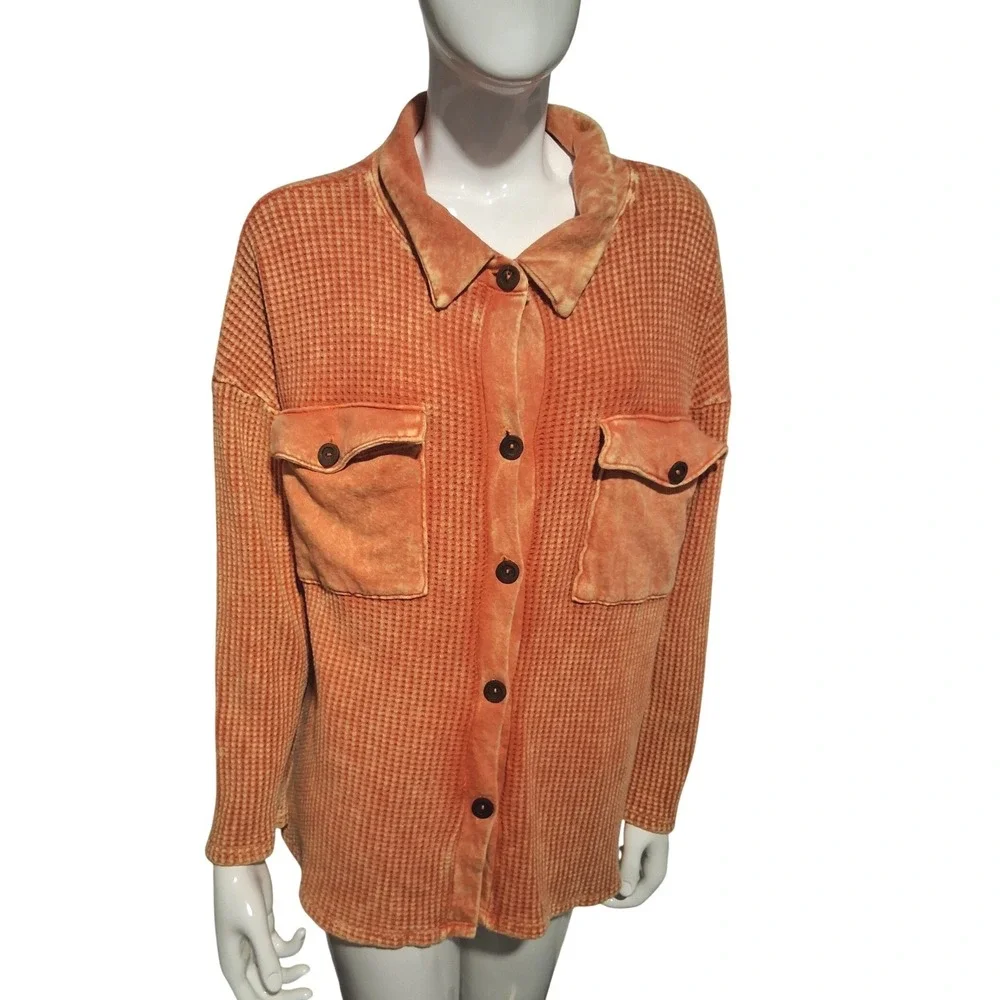 Bucket List Orange Vintage Wash Waffle Knit Shacket Oversized Womens size Small‎
